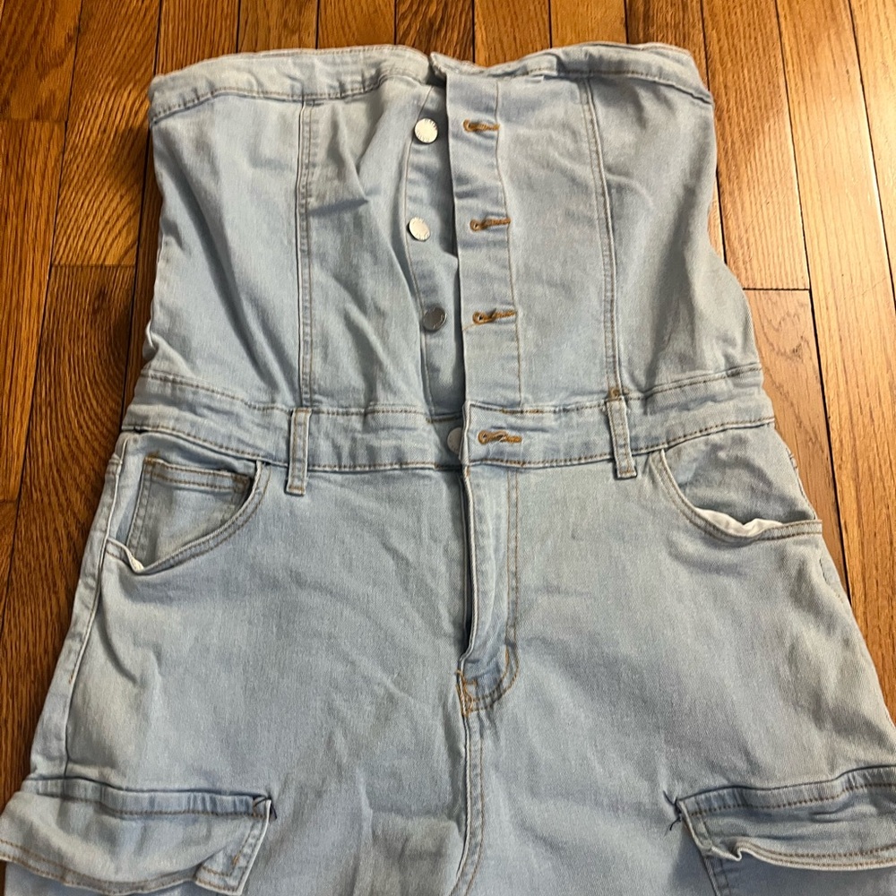 Light Blue Denim Strapless Jumpsuit